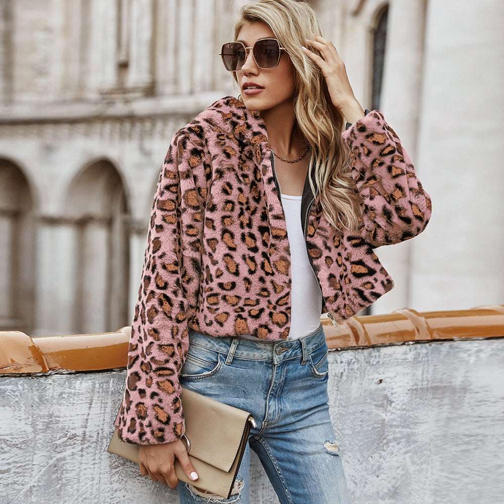 Faux Fur Leopard Coat Plush Short Coat Pink