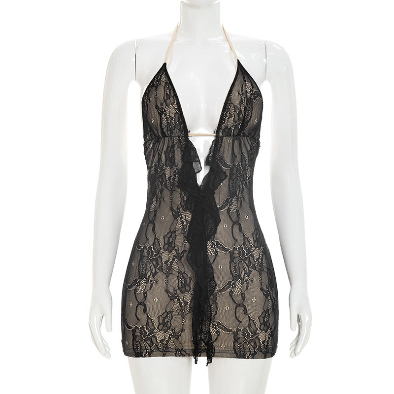 Sexy Lace Deep V Neck Y2K Mini Dress with Front Ruffle Detail Apricot