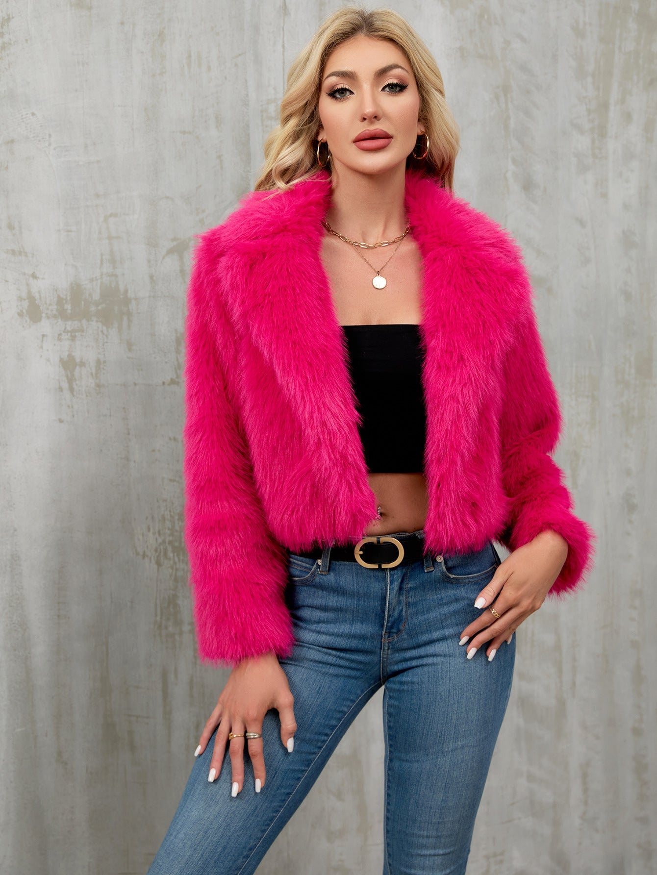 Plush Short Jacket Faux Fur Coat Suit Collar Outer Coat Coral Red