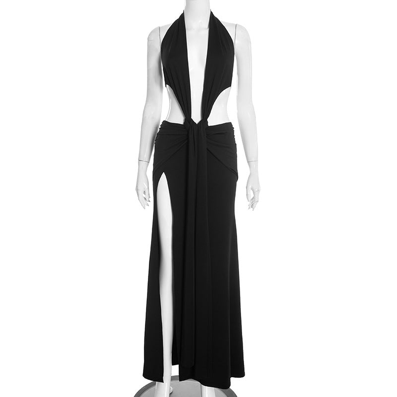 Ladies Sexy Halter Backless Deep V Plunge w/ Ribbon Maxi Dress Black