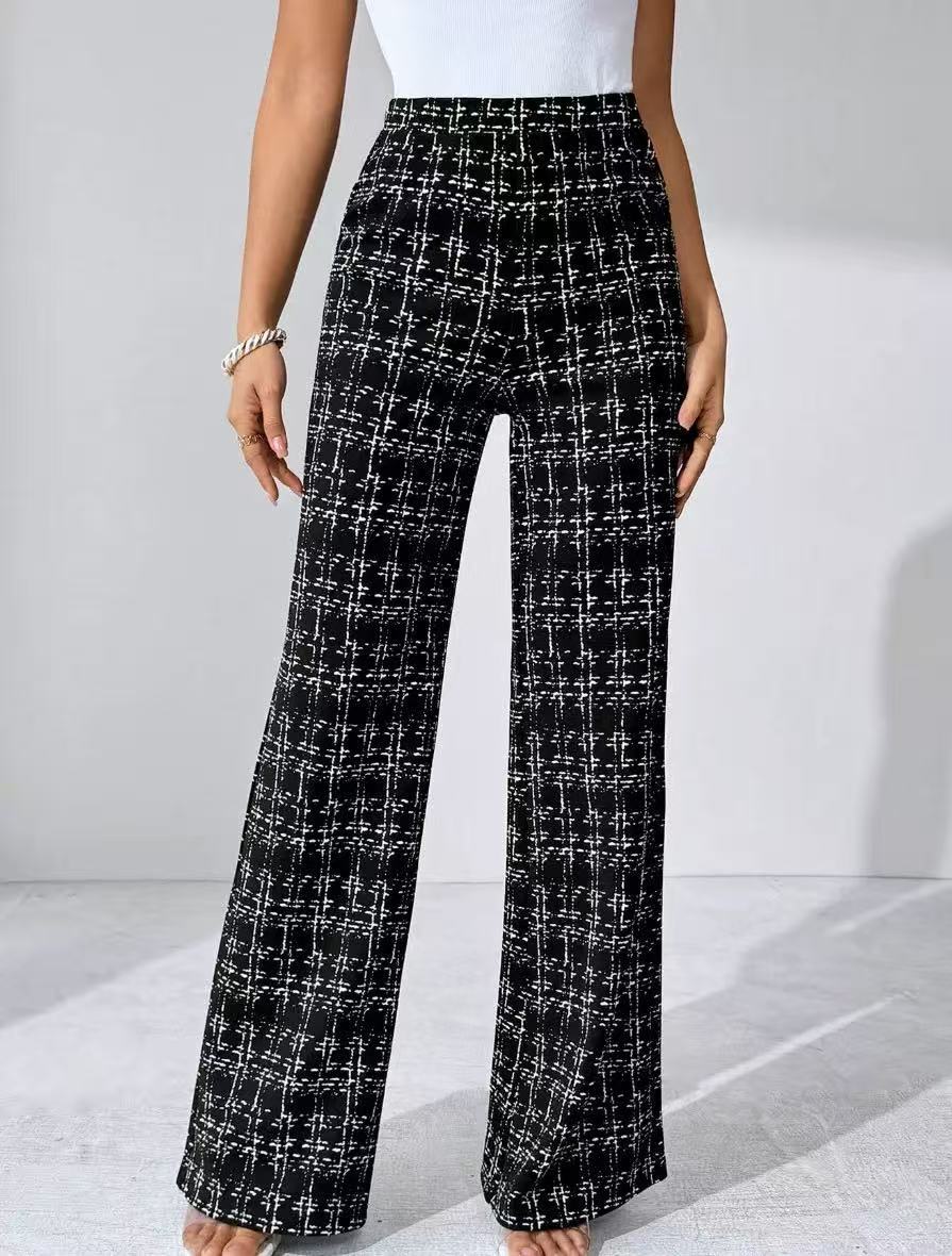 High Waist Straight Plaid Slimming Boot Cut Pants Black