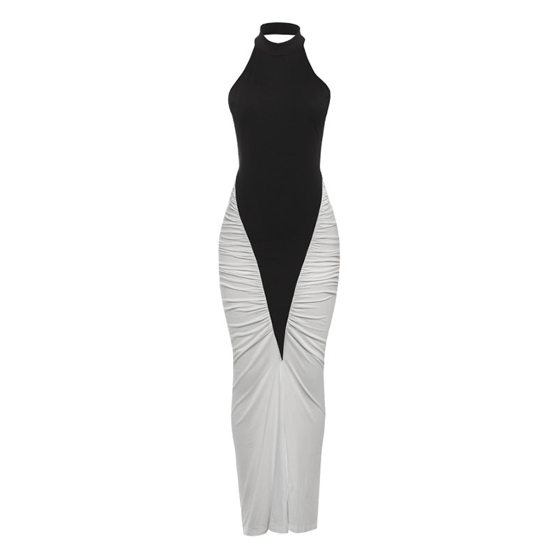 Sexy Halter Backless Pleated Contrast Color Slim Fit Sheath Dress Black