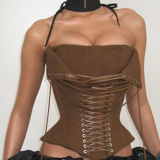 Sexy Camel Colored Lace up Corset with Boning