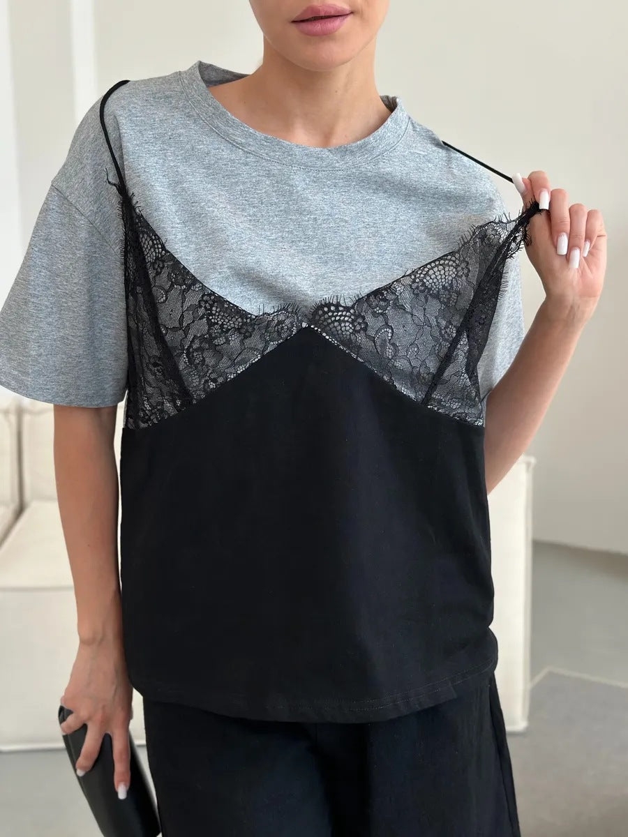 Sexy Women Lace Cami Over T -Shirt Gray