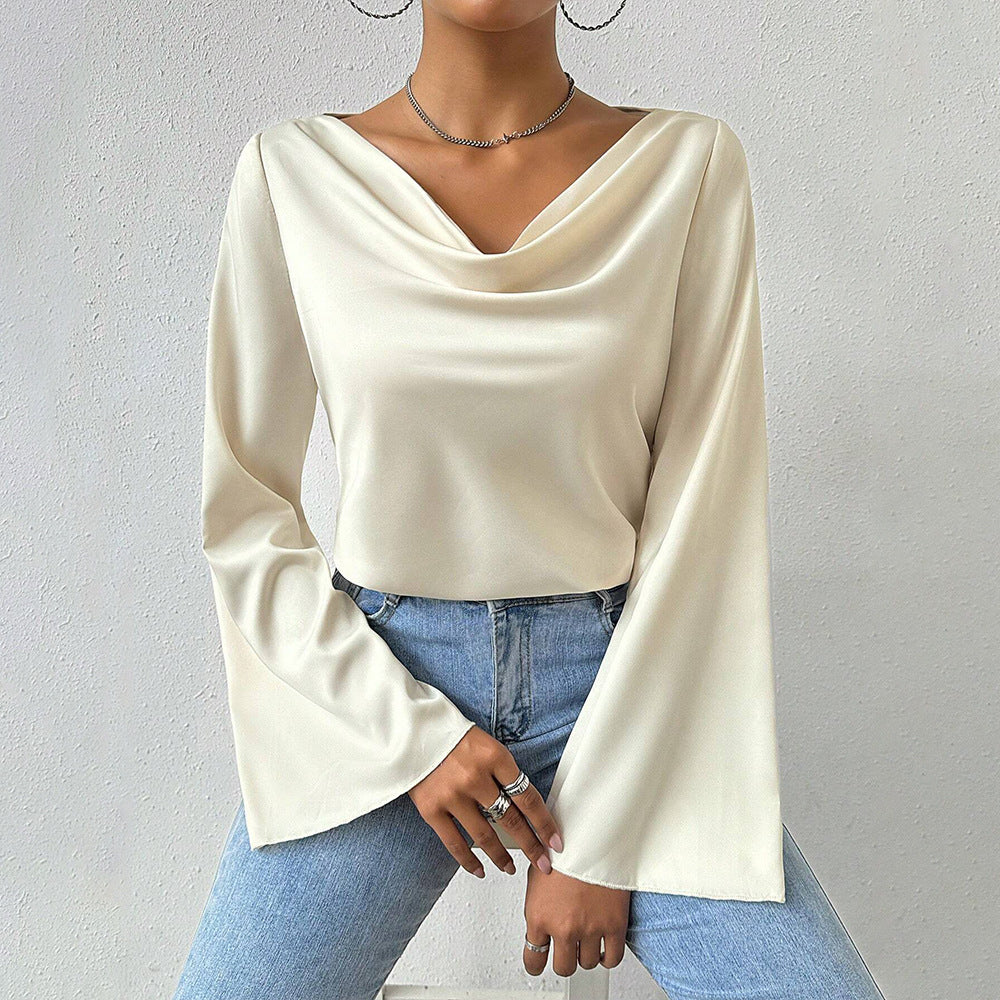 Ladies Long Bell Sleeve Satin Cowl Off White Neck Top