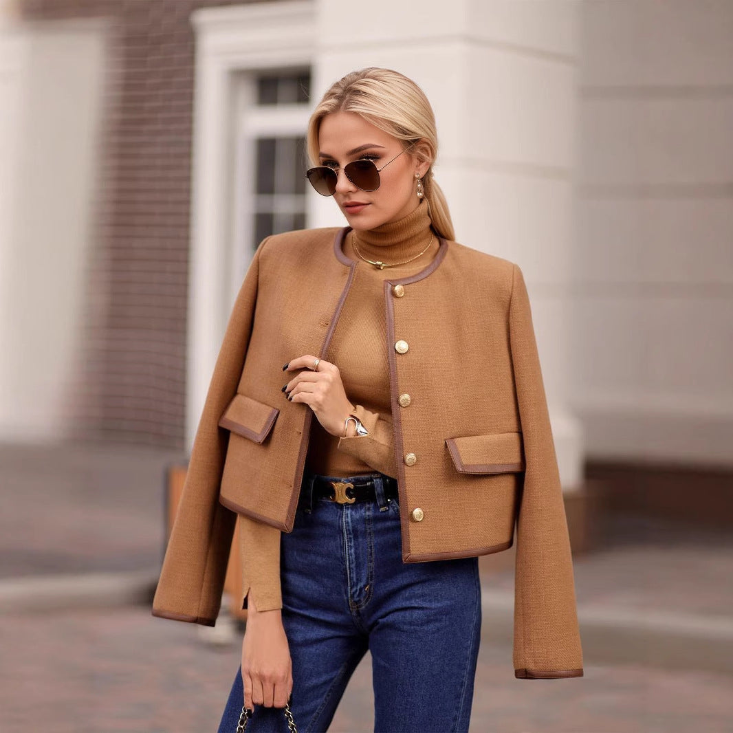 Autumn Winter Women Coat Classic round Neck Metal Button Design Short Coat Light Brown