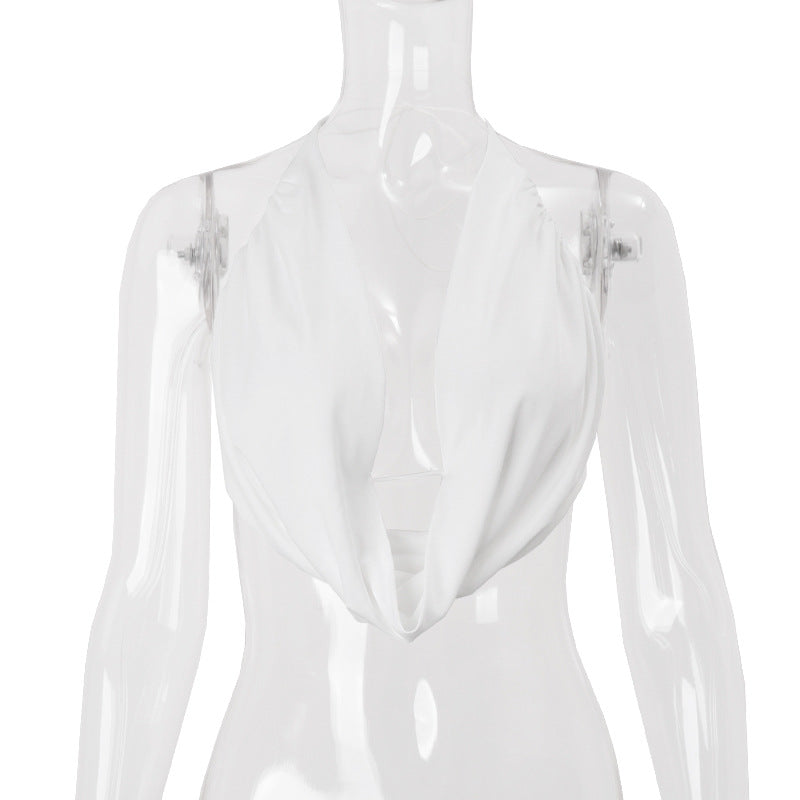 Sexy Backless Swing Collar Halter Lace up Sexy Top White