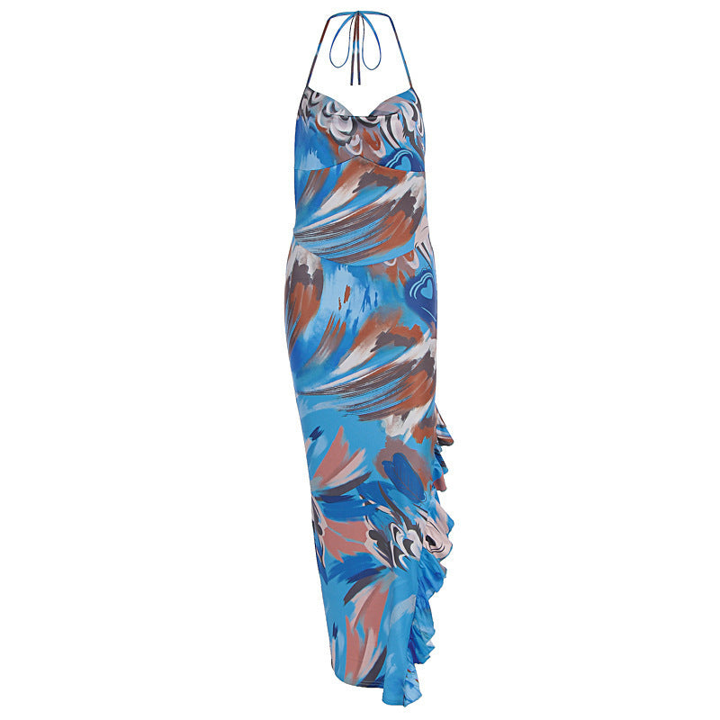 Sexy Halter Maxi Printed Dress with Long Front Ruffle Blue