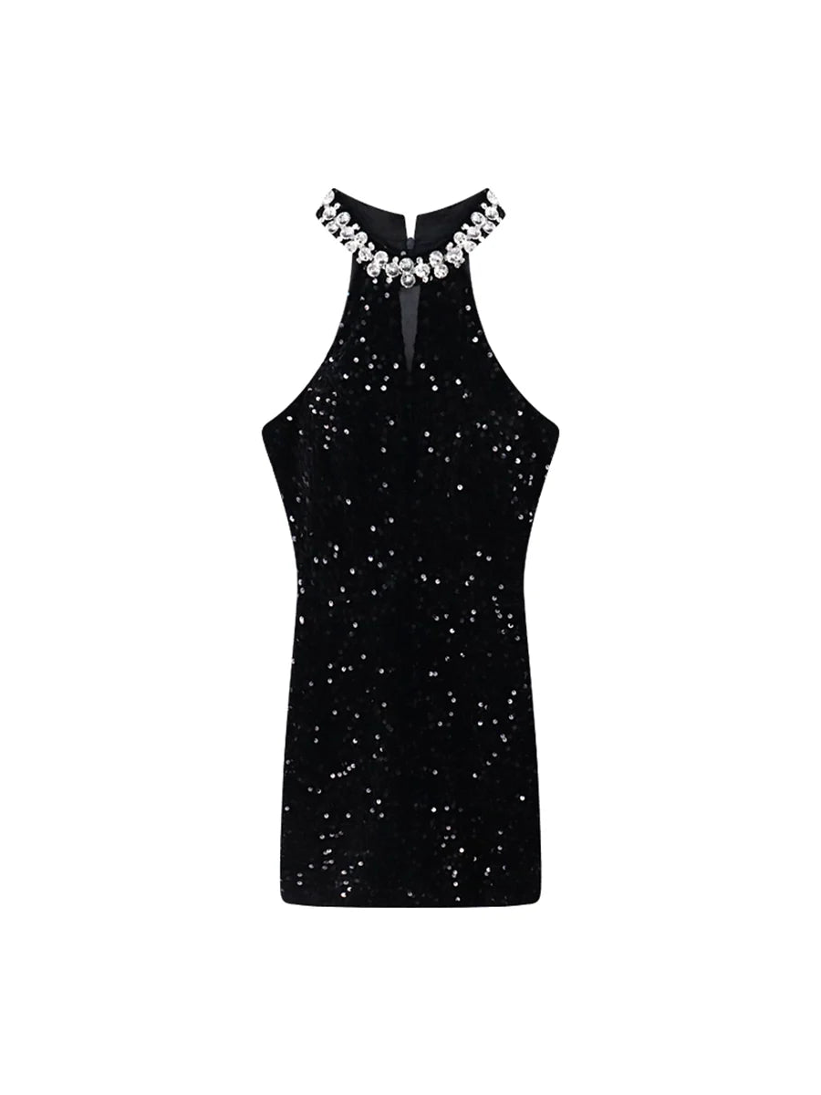 Saashi Rhinestone Glitter A-line Skirt - Exquisite Halterneck