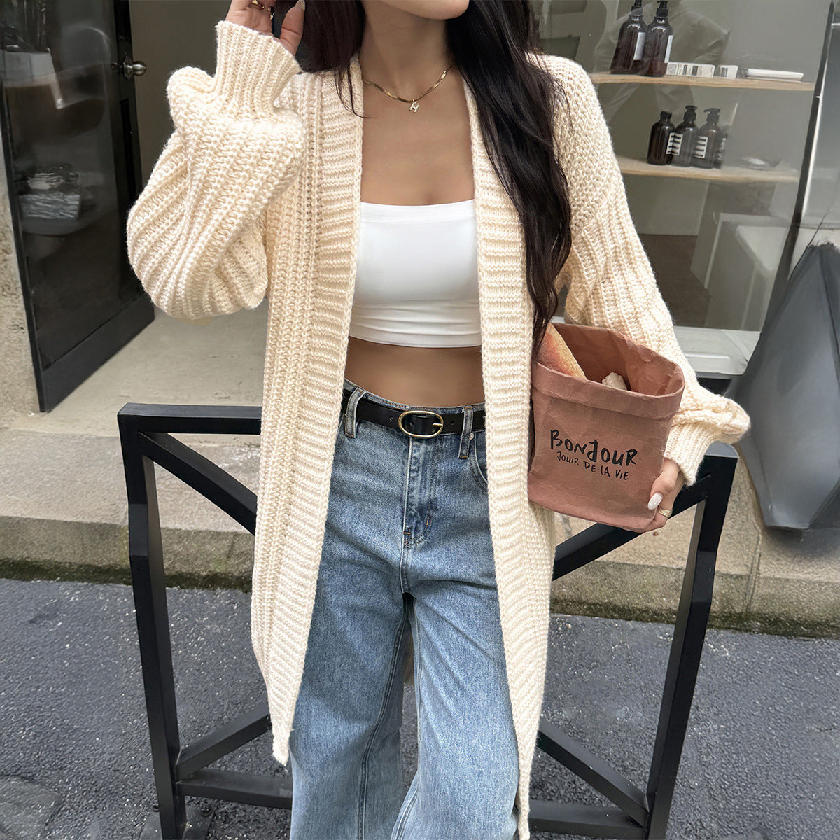 Long Chunky Cozy Cable Open Cardigan/ Duster White