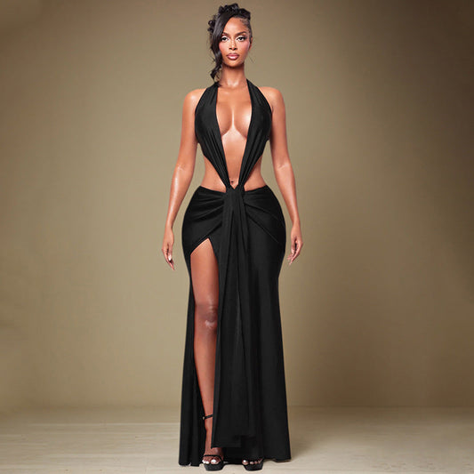 Ladies Sexy Halter Backless Deep V Plunge w/ Ribbon Maxi Dress