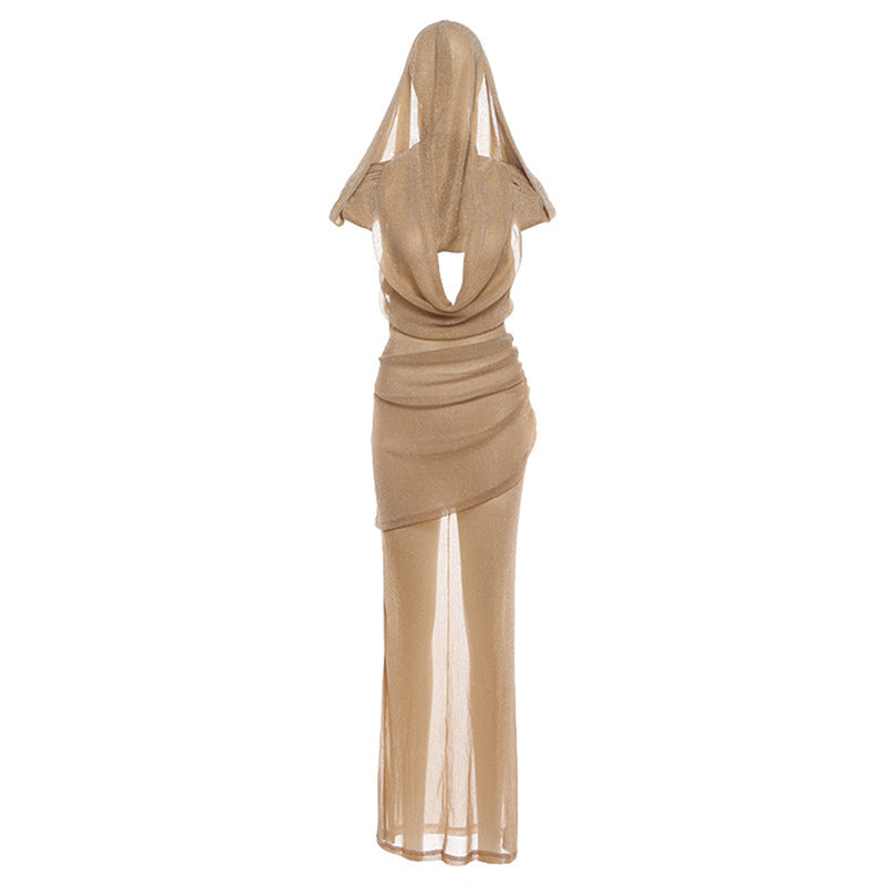 Ladies Gold Lame Sexy Sheer Backless w/ Hood Deep V Plunge Dress Festival Vibes Khaki