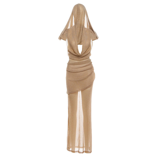 Ladies Gold Lame Sexy Sheer Backless w/ Hood Deep V Plunge Dress Festival Vibes Khaki