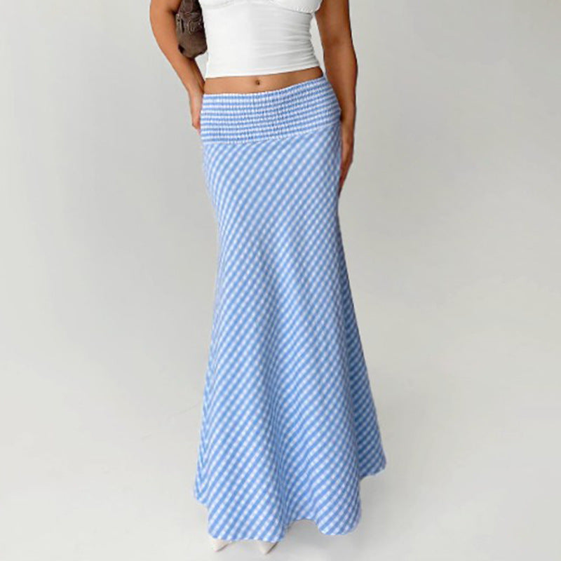 Aline Baby Blue Smocking Wide Waist Skirt Urban Hip Bag Fishtail Skirt Y2K Blue
