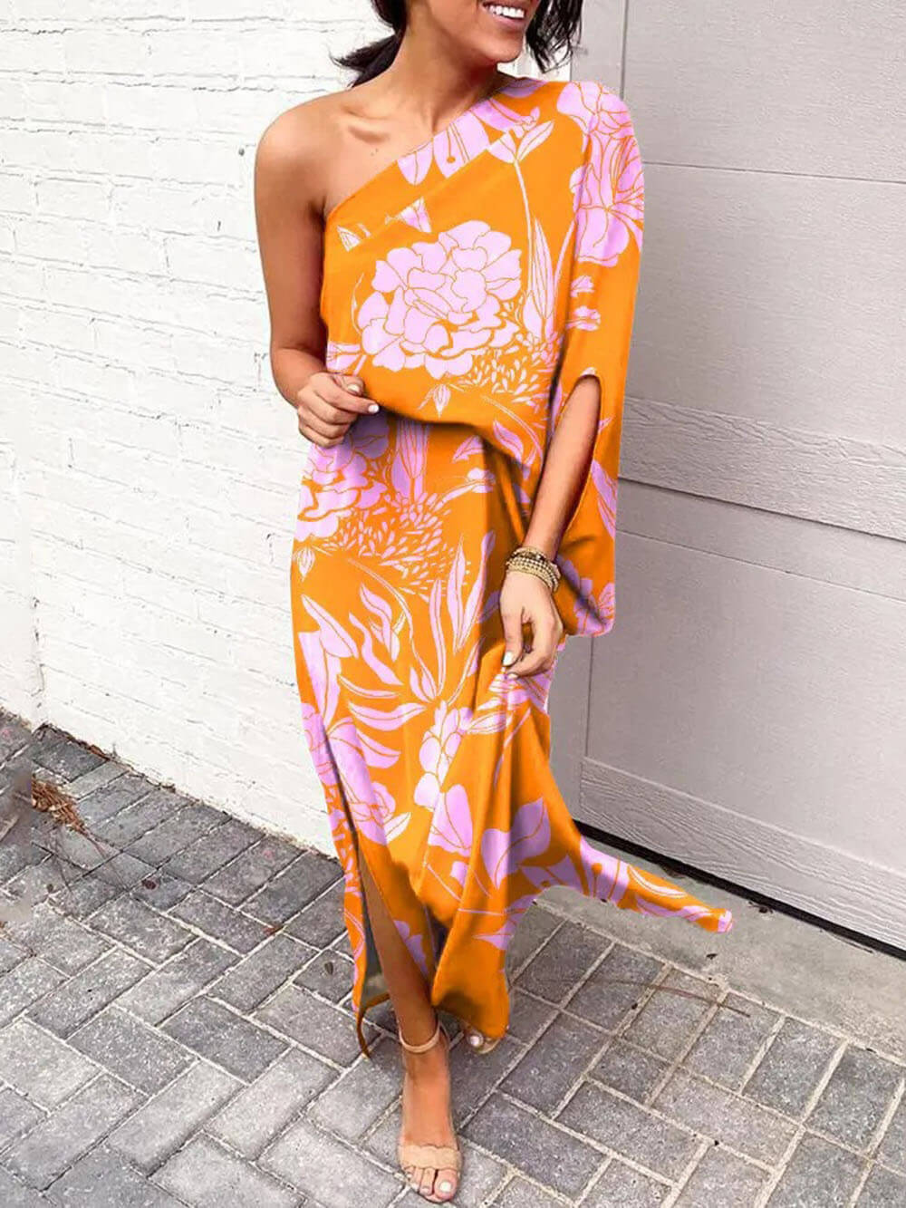 Exquisite Rose Print One Shoulder Slit Maxi Dress Orange