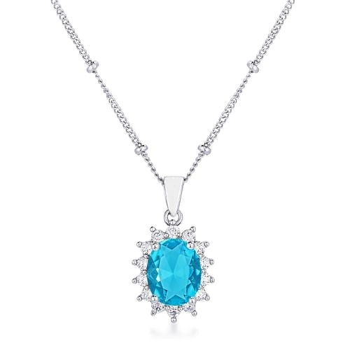Luxe Aqua Blue Royal Oval Pendant – Rhodium-Plated Elegance