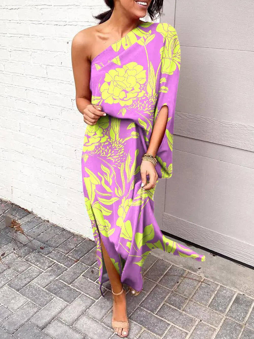 Exquisite Rose Print One Shoulder Slit Maxi Dress Purple