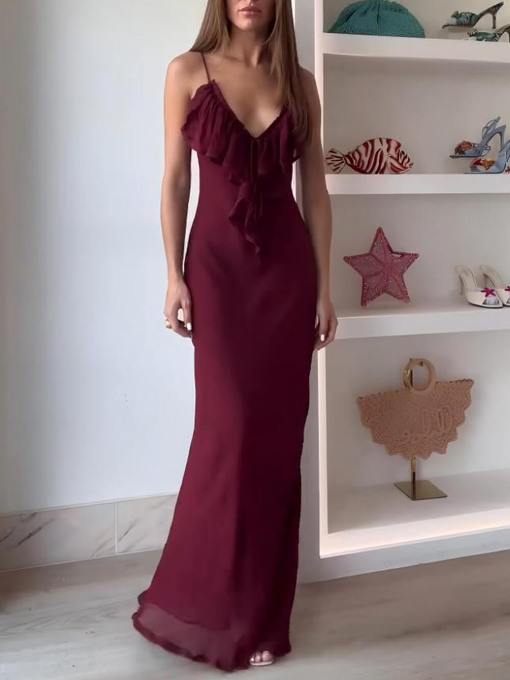 Exquisite Mango Ruffle Front Maxi Dress Burgundy