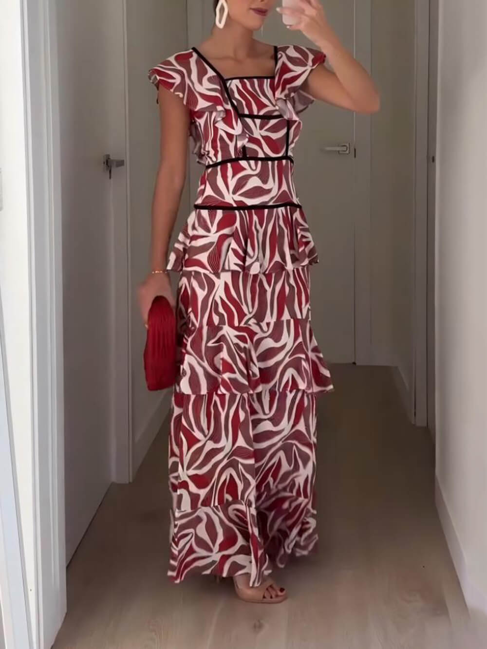 Retro Unique Layered Print Contrast Ruffle Trim Maxi Dress Red