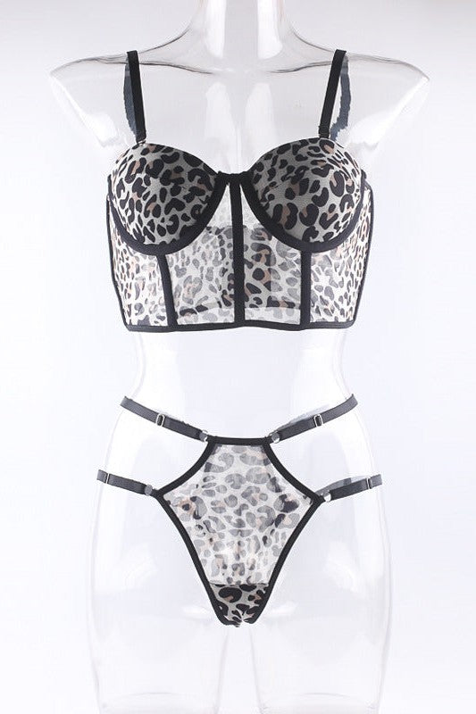 Ladies Sexy Leopard Printed Bustier and Strappy Panty Set