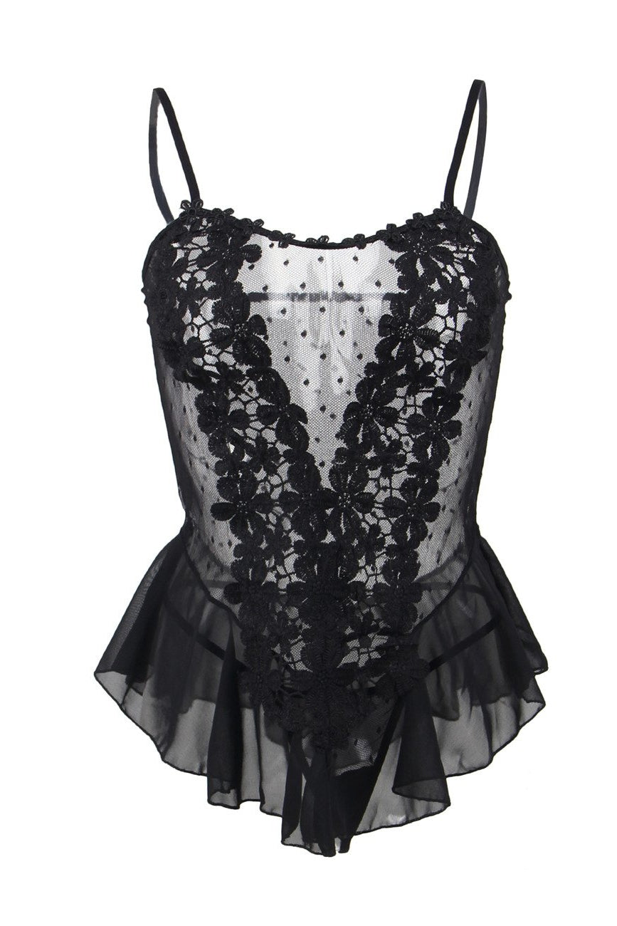 Ladies Black Pea Dot Mesh Baby doll with Ruffle Hem comes w/ Matching Thong