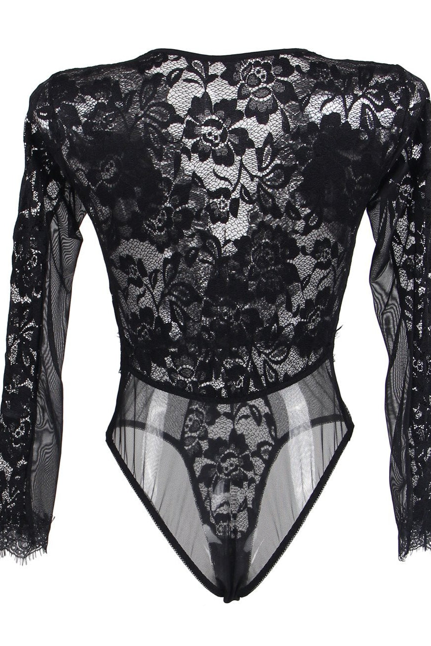 Ladies Sexy Deep Plunge Eyelash Lace Body Suit Black