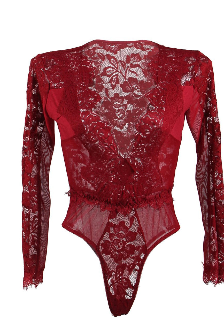 Ladies Sexy Deep Plunge Eyelash Lace Body Suit Hot Pink