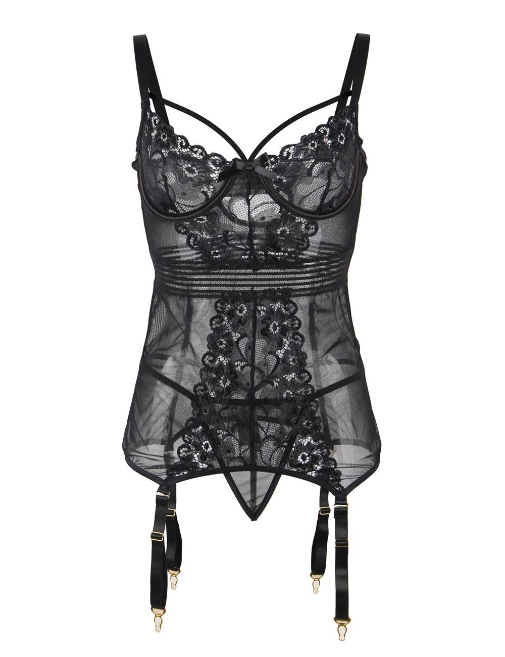 Ladies Black Mesh with Lace detail Babydoll with Garters