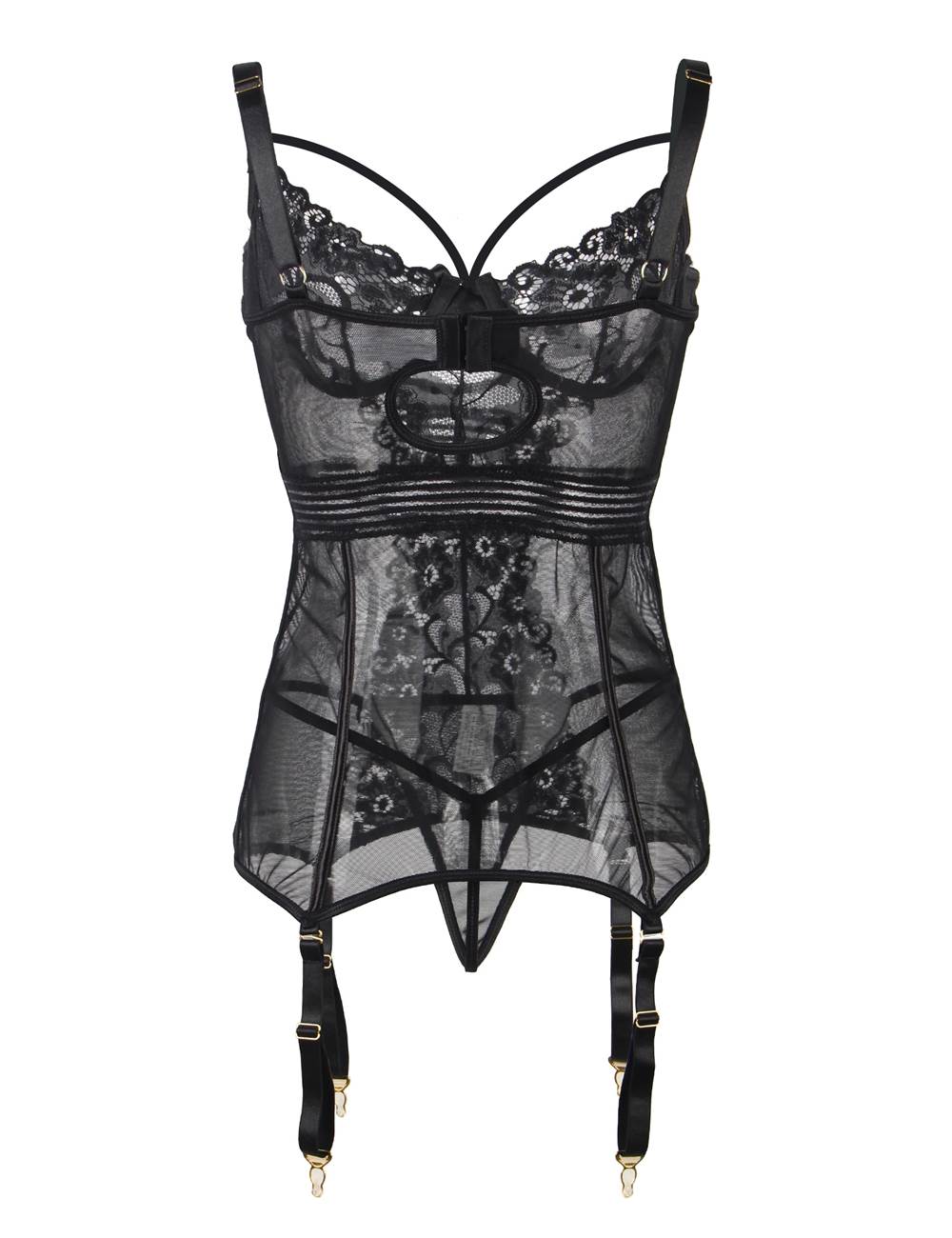 Ladies Black Mesh with Lace detail Babydoll with Garters
