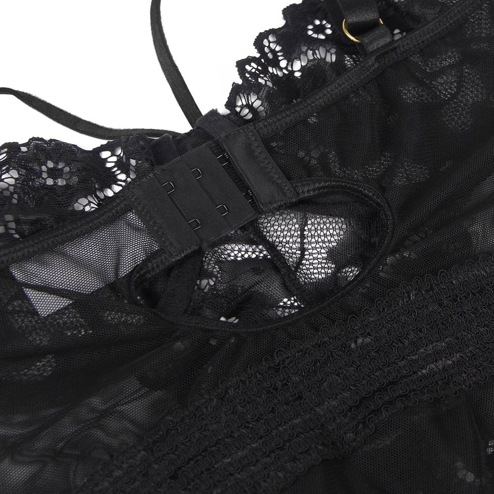 Ladies Black Mesh with Lace detail Babydoll with Garters