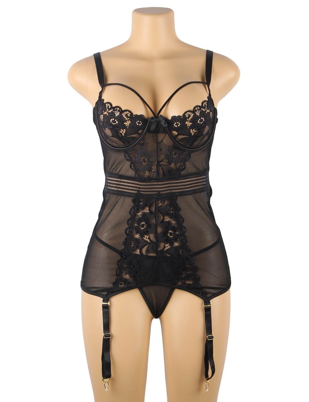 Ladies Black Mesh with Lace detail Babydoll with Garters