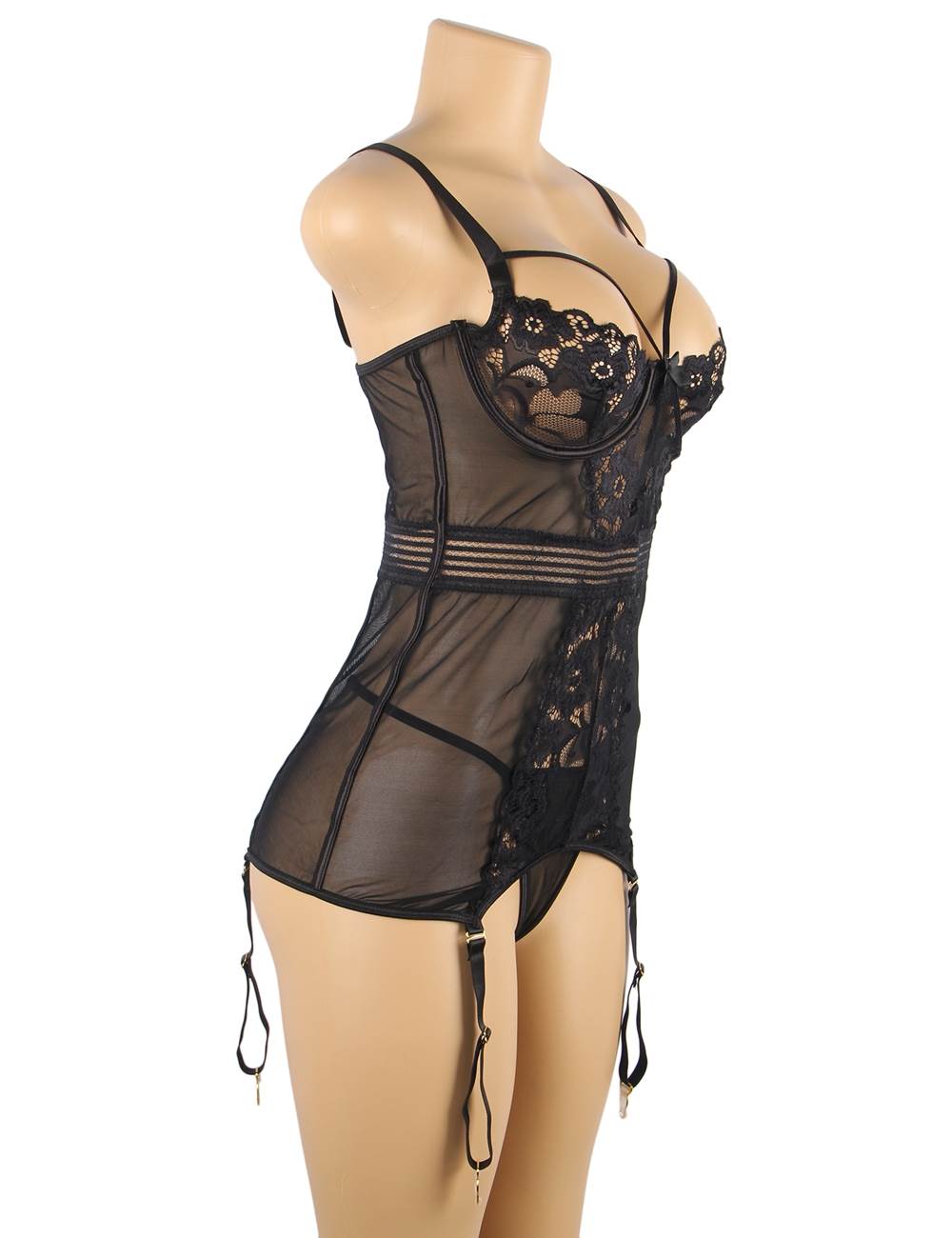 Ladies Black Mesh with Lace detail Babydoll with Garters