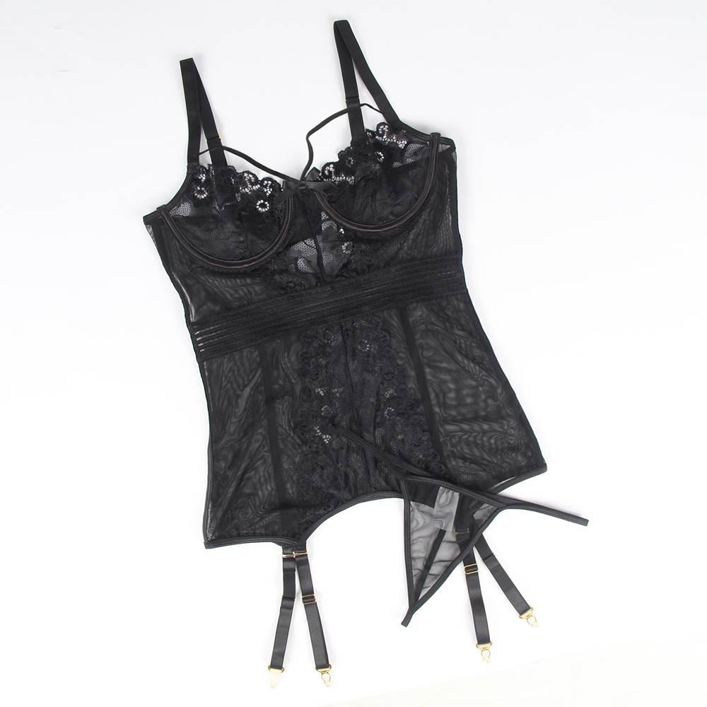 Ladies Black Mesh with Lace detail Babydoll with Garters