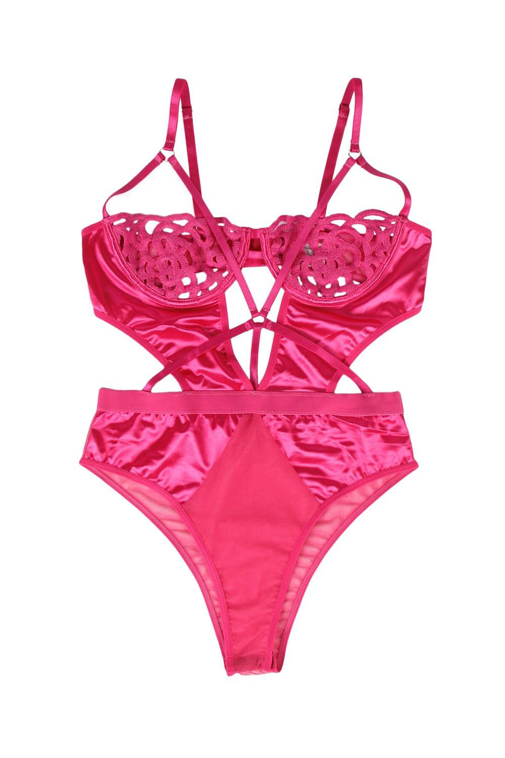 Ladies Pink Mesh Satin Combo Bodysuit Teddy