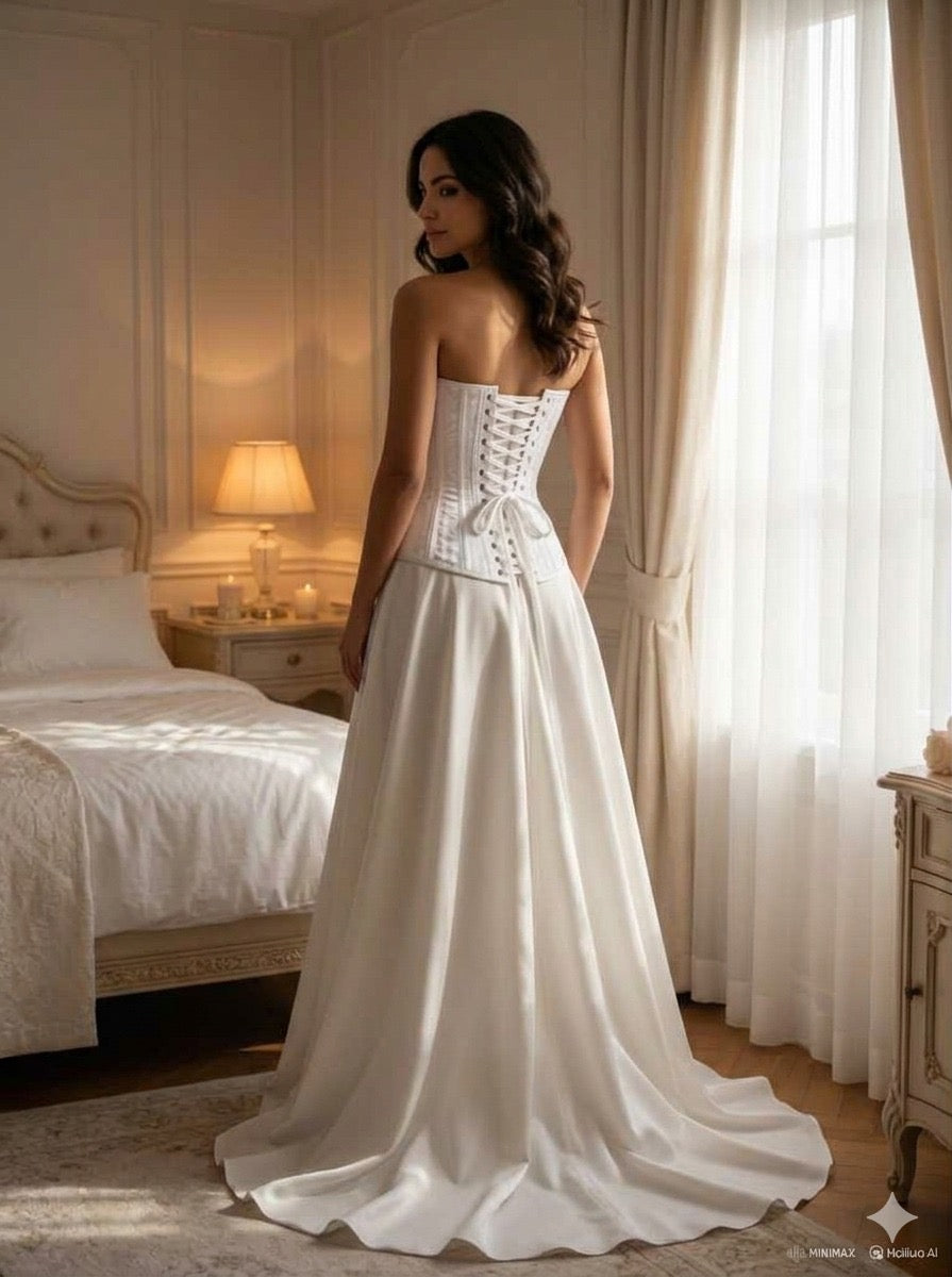 Ladies Sexy White Wire Metal Boning Corset Front Zip Brocade Jacquard