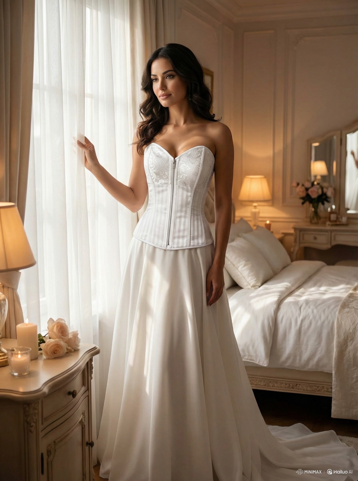 Ladies Sexy White Wire Metal Boning Corset Front Zip Brocade Jacquard White