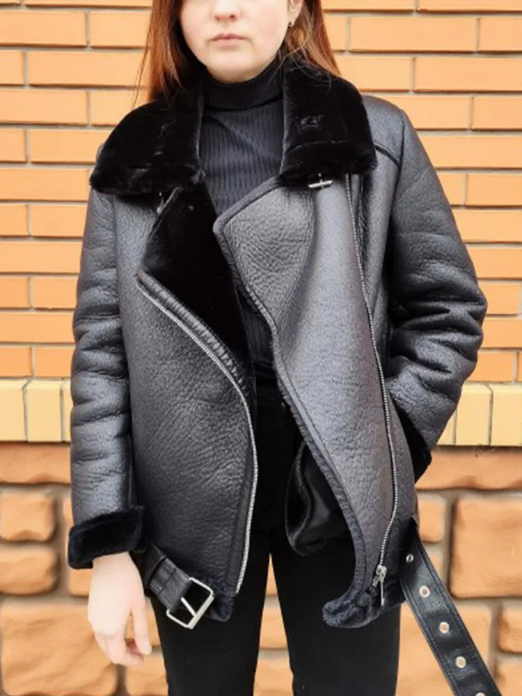 Saashi Aviator Outwear - Women's Faux Leather Fur Jacket, Winter Thickness"