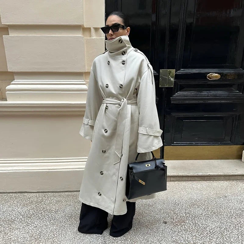 Zoe | High-Neck Belted Long Trench Coat