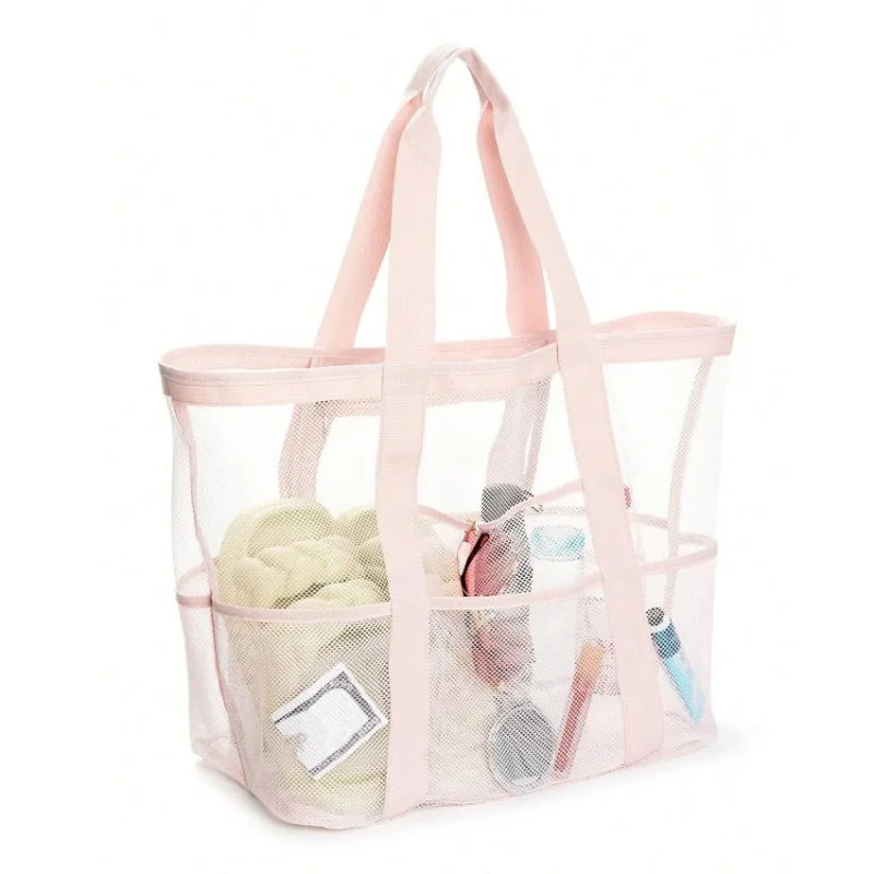 Picnic Beach Bag Women Mesh Transparent Swim Storage High Capacity Shopping Bags Tote Light Pink L
