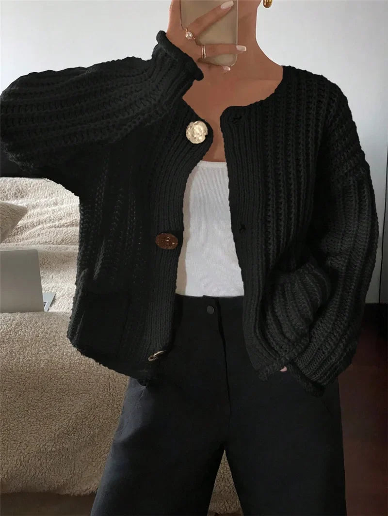 Rae | Cream Chunky Knit Cardigan with Gold Buttons