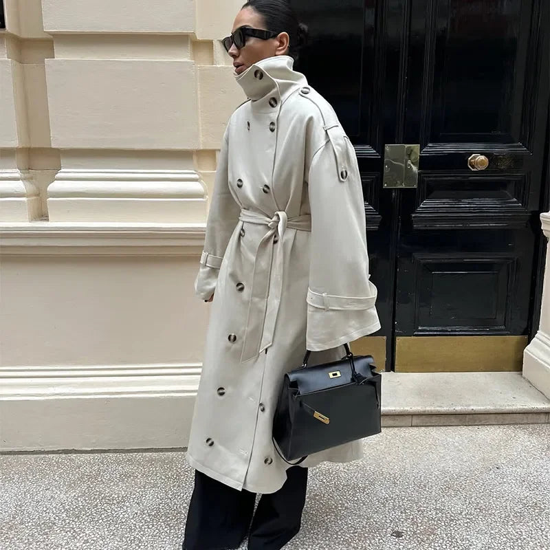Zoe | High-Neck Belted Long Trench Coat