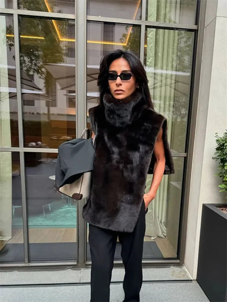 HARLI FAUX FUR TURTLENECK VEST
