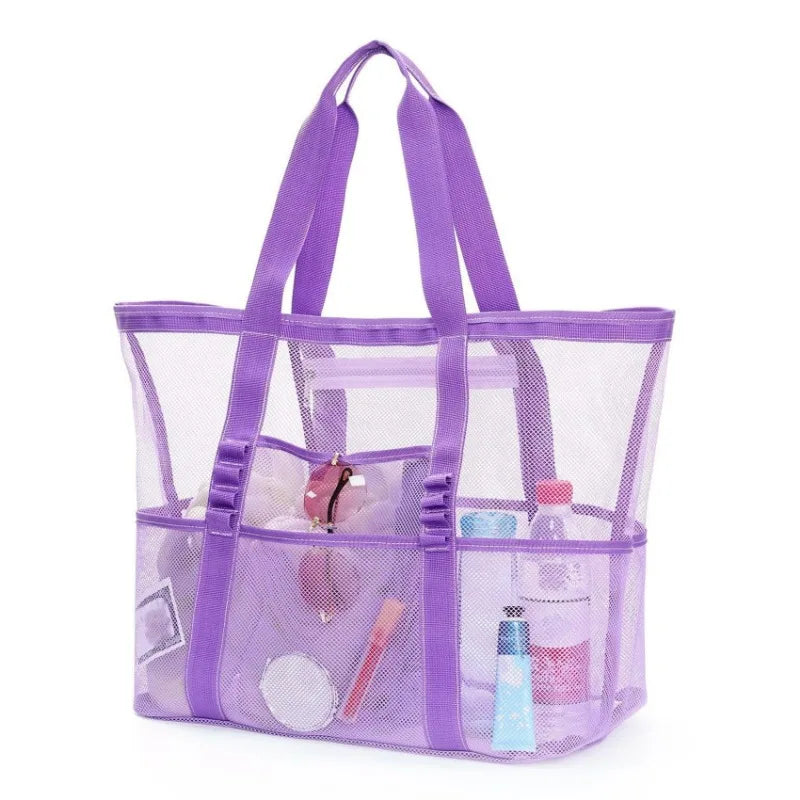 Picnic Beach Bag Women Mesh Transparent Swim Storage High Capacity Shopping Bags Tote Purple L