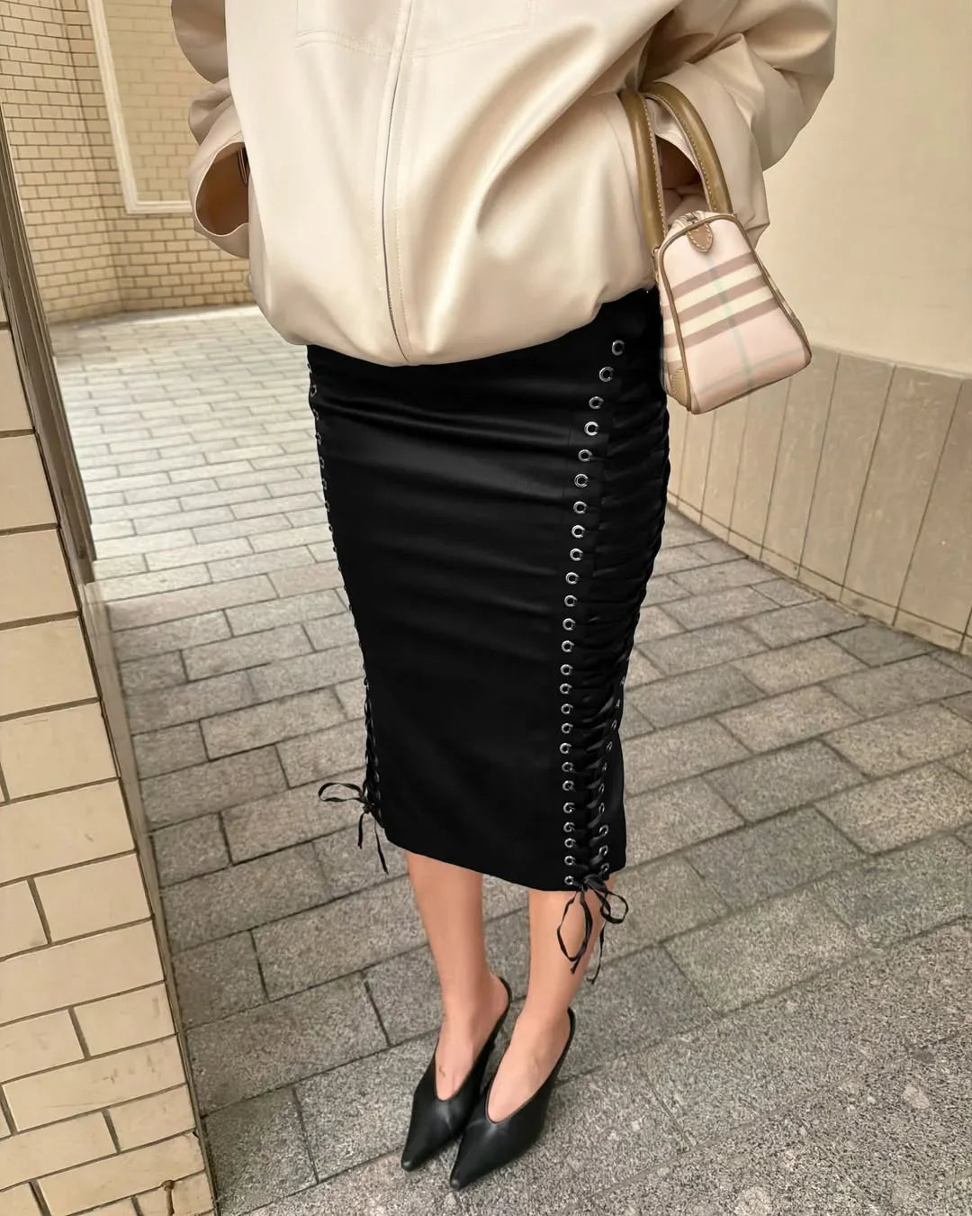 NINA SATIN LACE UP MIDI SKIRT