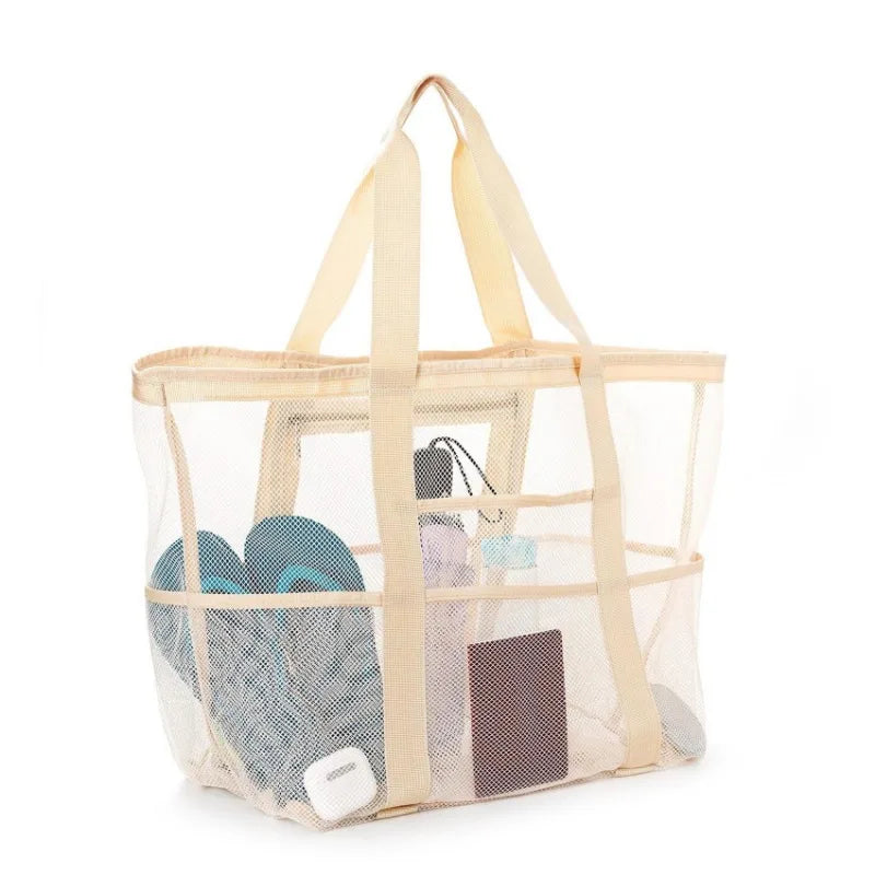 Picnic Beach Bag Women Mesh Transparent Swim Storage High Capacity Shopping Bags Tote Beige L