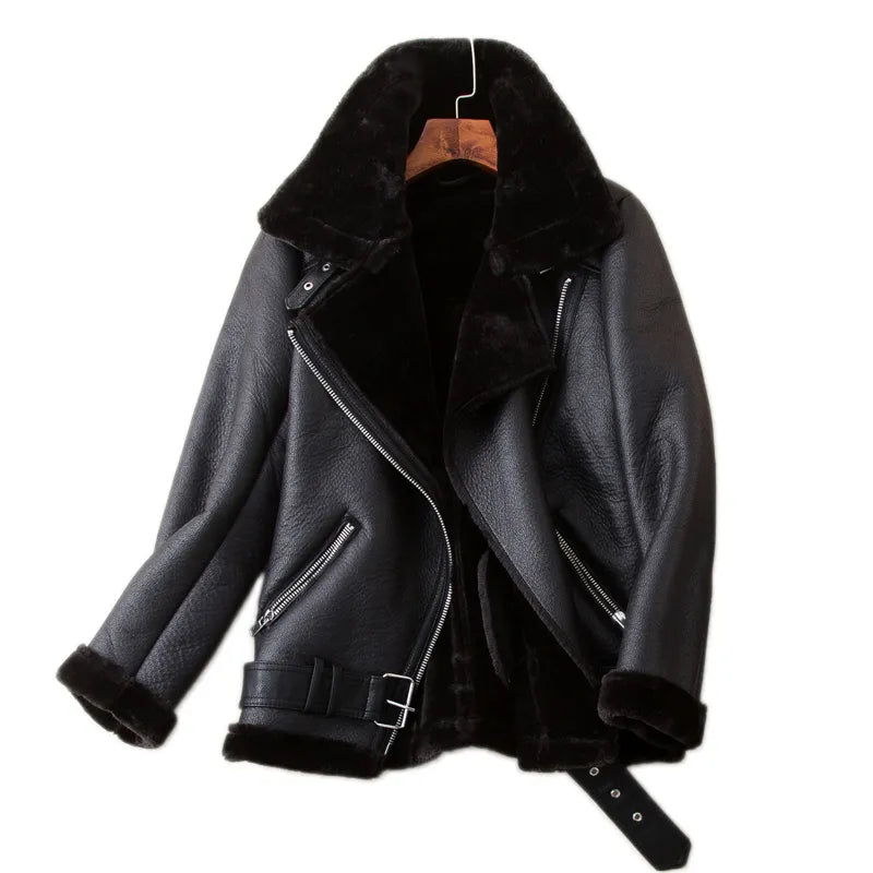 Saashi Aviator Outwear - Women's Faux Leather Fur Jacket, Winter Thickness"