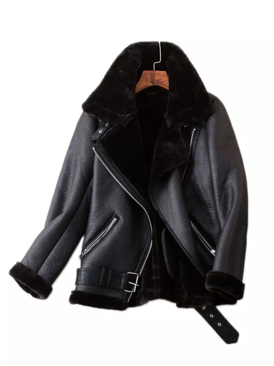 Saashi Aviator Outwear - Women's Faux Leather Fur Jacket, Winter Thickness"