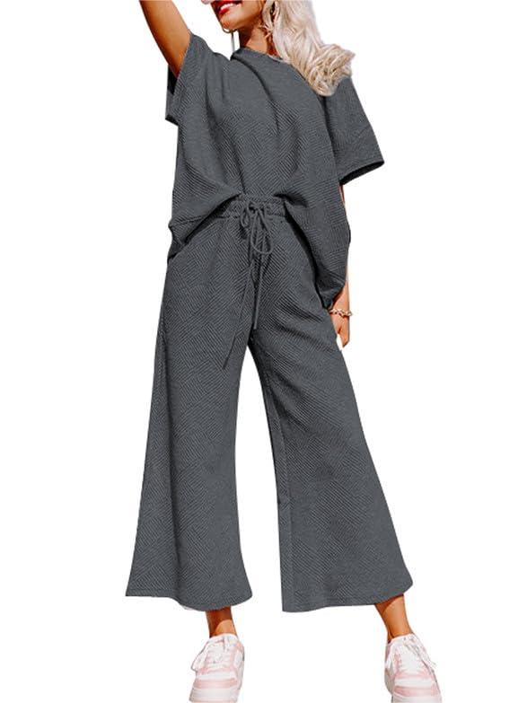 ⏰Hot Sale-Women's Textured Loose Fit T Shirt and Drawstring Pants Casual Set (Buy 2 Free Shipping)