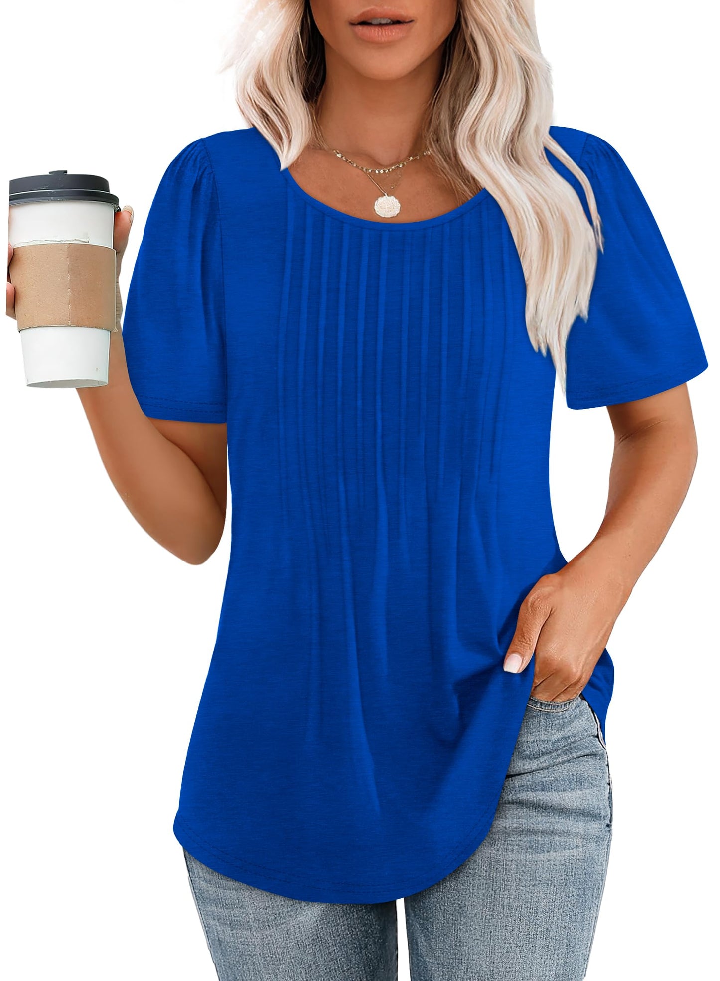 ⏰Hot Sale-Women's Short Sleeve Pleated Dressy Casual Scooped Neck Tops (Buy 3 Free Shipping)