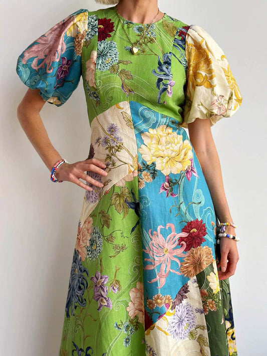 Casual Personalized Graffiti Print Lantern Sleeve Round Neck Linen Maxi Dress